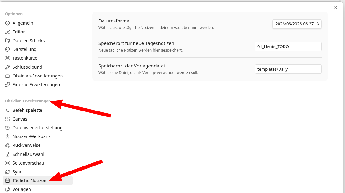 Screenshot von den Einstellungen des Plugins Daily Notes