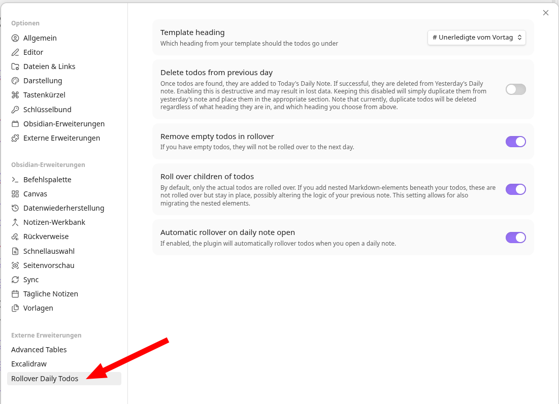 Screenshot von den Einstellungen des Plugins: Rollover Daily Todos